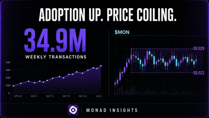A 'Monad Insights' chart titled 'ADOPTION UP. PRICE COILING.' displays 34.9M weekly transactions and a $MON candlestick chart showing price movement between $0.022 and $0.029.