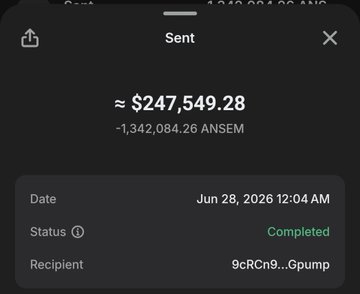 Mobile transaction confirmation screen showing a sent payment of approximately $247,549.28 (-1,342,084.26 ANSEM) completed on Jun 28, 2026, sent to a recipient ending in 'Gpump'.