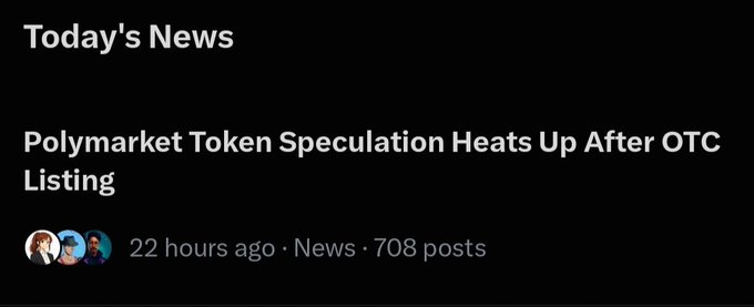 A 'Today's News' header showing the headline 'Polymarket Token Speculation Heats Up After OTC Listing,' posted 22 hours ago with 708 posts.