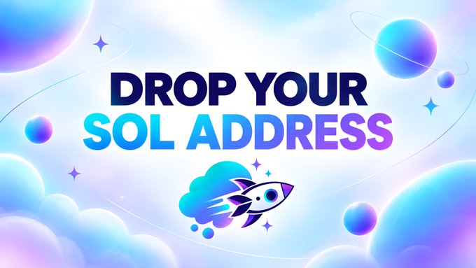 A vibrant promotional graphic featuring a rocket ship soaring through a pastel cosmic scene of planets and clouds, with the bold text "DROP YOUR SOL ADDRESS" encouraging users to submit their Solana wallet for a $NUVEX airdrop giveaway.