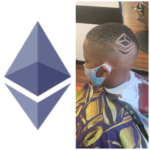 A side-by-side image showing the Ethereum (ETH) logo next to a child with the Ethereum diamond logo shaved into their haircut, wearing a colorful barber cape and a face mask.