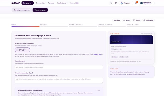 A screenshot of a 'Rally' platform interface for creating a campaign, showing the 'BASICS' tab with fields for 'Tell creators what this campaign is about', 'Campaign name' (filled with 'Spread the word Marmot launch week'), and 'What's the campaign about?', along with a 'LIVE PREVIEW' panel on the right.