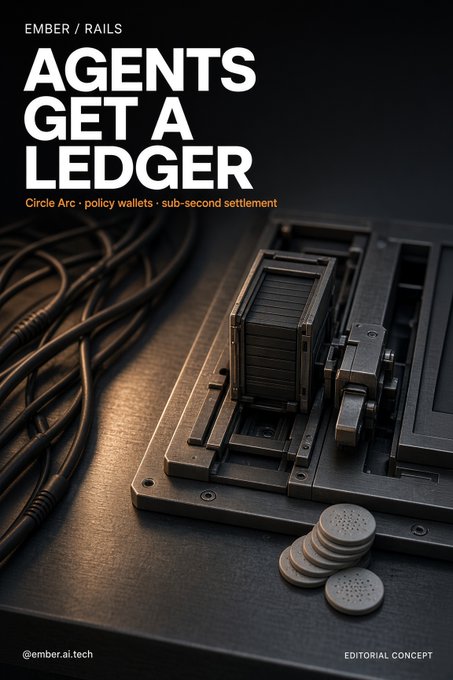 Editorial concept graphic for Ember/Rails titled 'AGENTS GET A LEDGER' with subtitle 'Circle Arc · policy wallets · sub-second settlement', showing mechanical components and coins on a dark surface.
