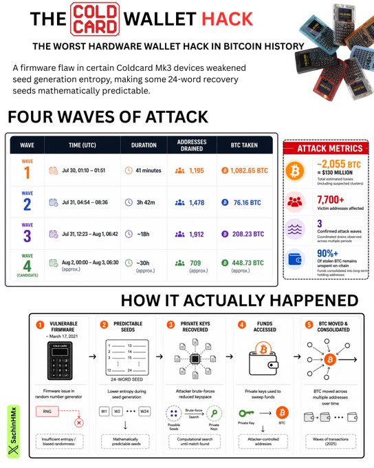 Infographic detailing "The Coldcard Wallet Hack," which it calls the worst hardware wallet hack in Bitcoin history, outlining four waves of attack that drained approximately 2,055 BTC (~$130 million) from 7,700+ victim addresses across 1,912 seized wallets, with attackers exploiting a March 17, 2021 firmware flaw that weakened seed generation entropy. The graphic explains how the breach worked through a five-step process: vulnerable firmware with RNG issues produced mathematically predictable 24-word seeds, enabling brute-force key recovery and fund sweeping via 17 compromised transactions.