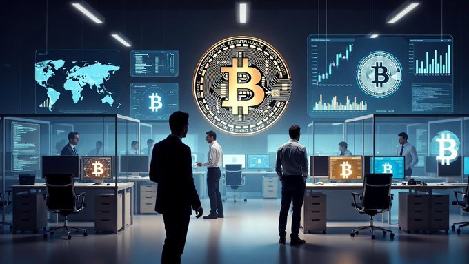 A futuristic office space features workers at computer stations, with large screens displaying Bitcoin logos, charts, and a world map.