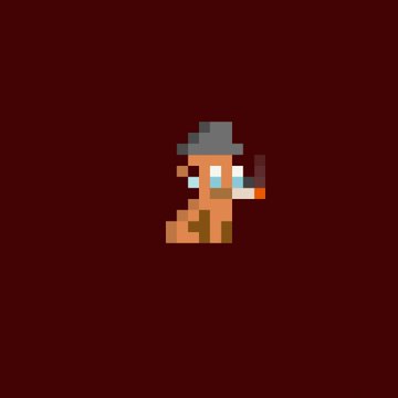 A pixel art character with brown hair and blue eyes against a dark red background.
