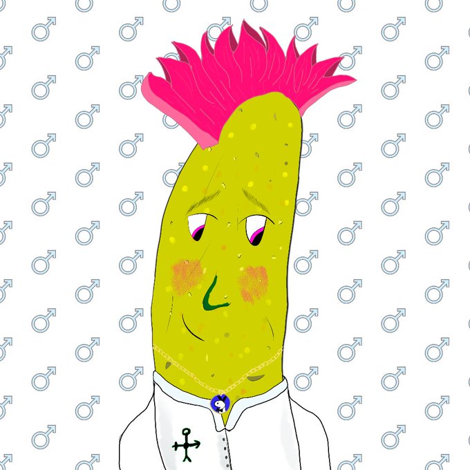 A cartoon illustration depicts an anthropomorphic pickle character with pink spiky hair, blushing cheeks, and a religious collar against a background of male gender symbols.