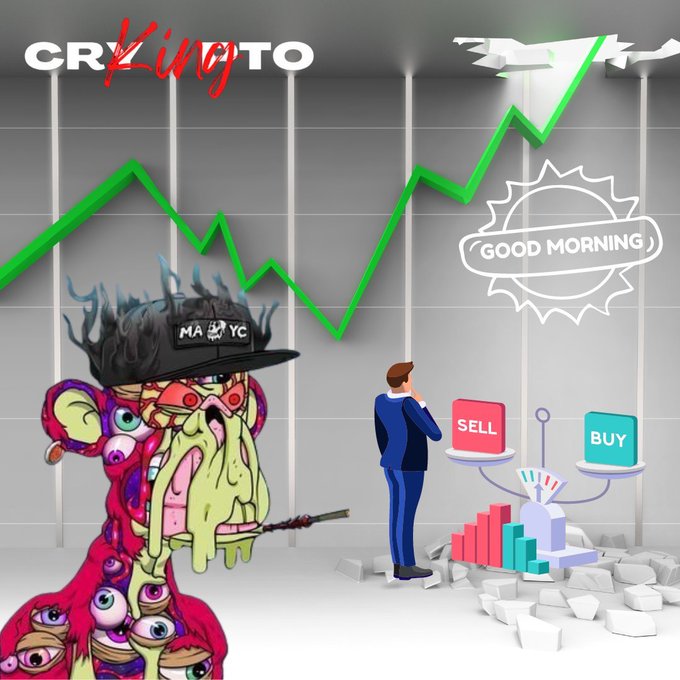 Cryptocurrency-themed illustration labeled 'CRYPTO KING' with 'GOOD MORNING', showing a 3D man near SELL/BUY scale, a green rising chart line, and a grotesque cartoon figure wearing a 'MAD NYC' cap.