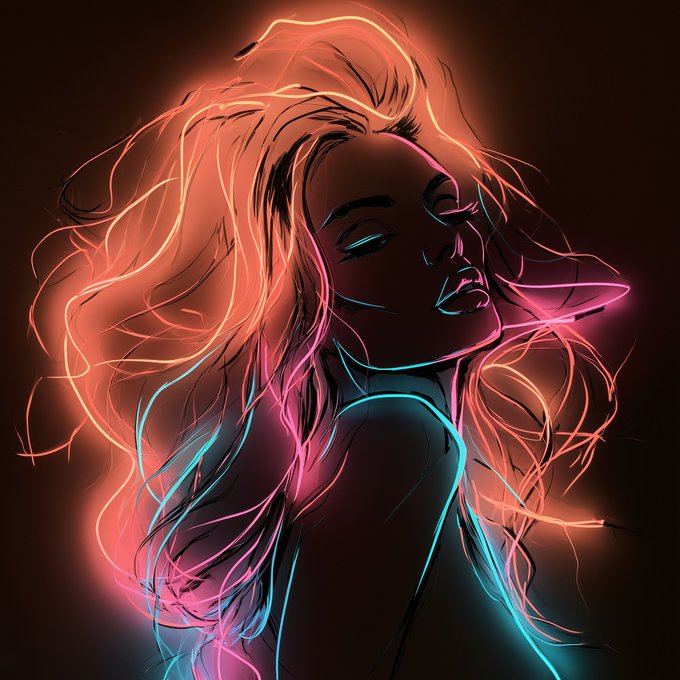 Neon-style digital portrait illustration of a woman with flowing hair glowing in orange and cyan colors against a dark background.