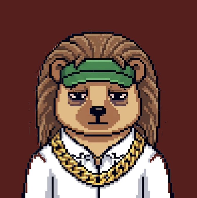 A pixel art portrait of a lion character with dreadlock-style mane, wearing a green headband, white shirt, and gold chain necklace against a maroon background.