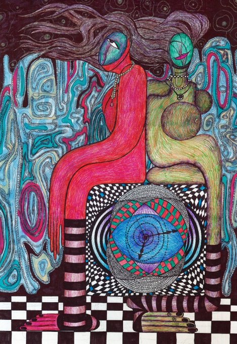 A vibrant, psychedelic drawing of two female figures with striped legs sitting together above a large all-seeing eye with a geometric design.