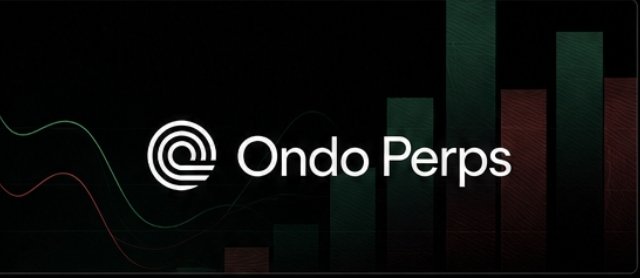 A dark-themed promotional graphic for 'Ondo Perps' featuring the Ondo logo alongside a candlestick chart line and bar chart in muted red and green tones.
