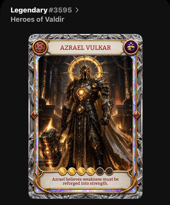 A screenshot displays the “Legendary #3595” collectible card “AZRAEL VULKAR” from “Heroes of Valdir,” featuring a dark armored warrior and the text, “Azrael believes weakness must be reforged into strength.” The card illustrates the post’s claim that Azrael Vulkar was pulled and is joining ZARGATES-based NFT communities as a playable character.
