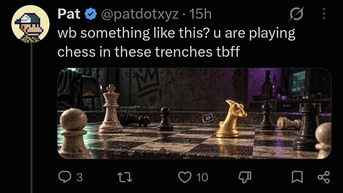 A tweet from verified user @patdotxyz reads "wb something like this? u are playing chess in these trenches tbff," featuring a cinematic image of a chessboard with pieces in dramatic low lighting. The post appears to be celebrating the user's profile banner, showcasing the stylized chess imagery that won the recognition.