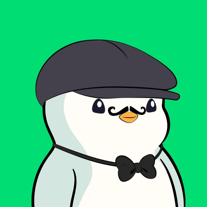 urn of gold and black, with a green background, is depicted against the white body of a penguin wearing a black hat and bowtie.