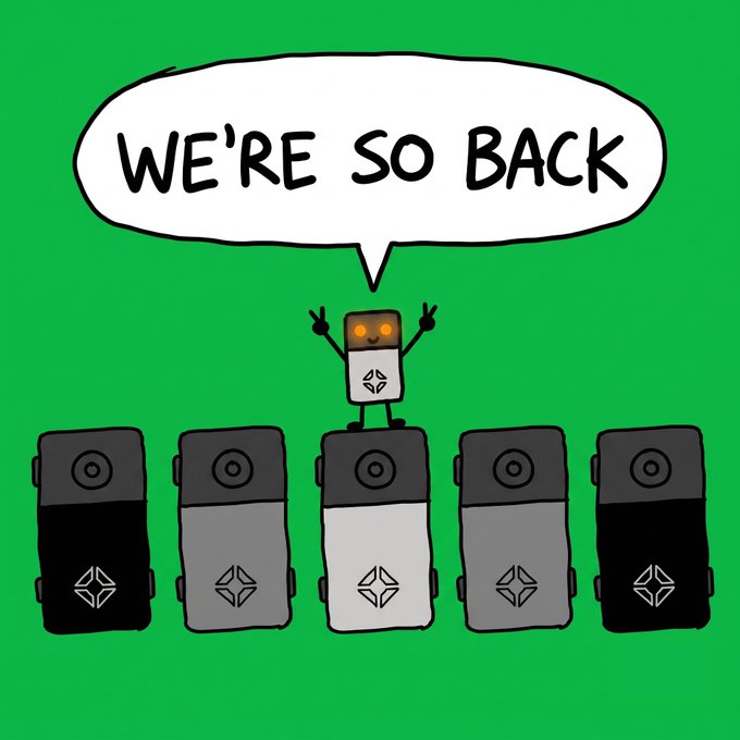 A cartoon robot with orange eyes and peace signs stands triumphantly on top of a row of five boxy robots, announcing "WE'RE SO BACK" in a speech bubble against a green background. The post celebrates contest winners, with the triumphant robot symbolizing the celebratory mood of the giveaway announcement.