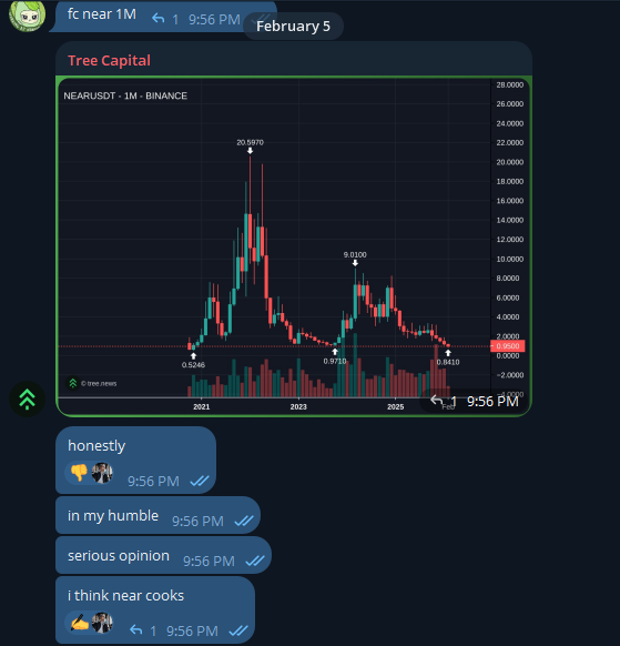 A Telegram chat screenshot shows a candlestick chart for the NEAR/USDT pair on Binance posted by 'Tree Capital' with users discussing 'near cooks'.