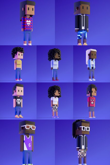 A grid of 10 pixelated 3D voxel-style character avatars with various hairstyles, skin tones, and outfits against a purple background.