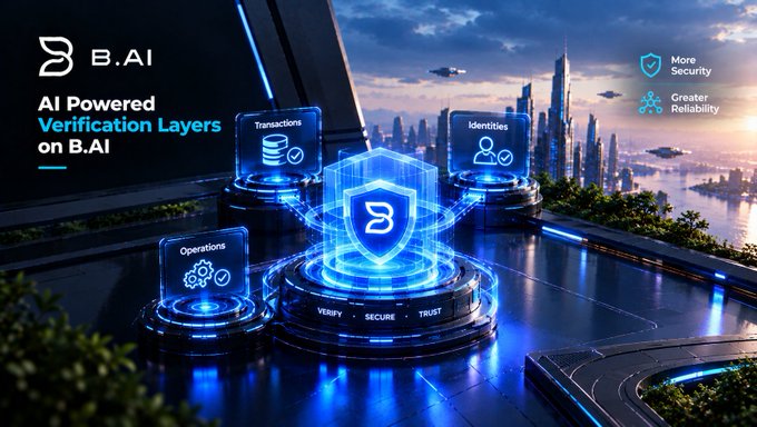 A promotional graphic for 'B.AI' titled 'AI Powered Verification Layers on B.AI' featuring a futuristic blue digital interface with verify, secure, trust icons and labels for Transactions, Identities, Operations, More Security, and Greater Reliability.