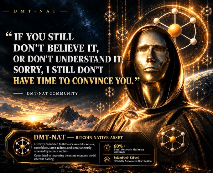 A promotional graphic for 'DMT-NAT - BITCOIN NATIVE ASSET' featuring a hooded figure with the quote 'IF YOU STILL DON'T BELIEVE IT, OR DON'T UNDERSTAND IT, SORRY, I STILL DON'T HAVE TIME TO CONVINCE YOU.' and claims of 60%+ Total Network Hashrate Coverage.