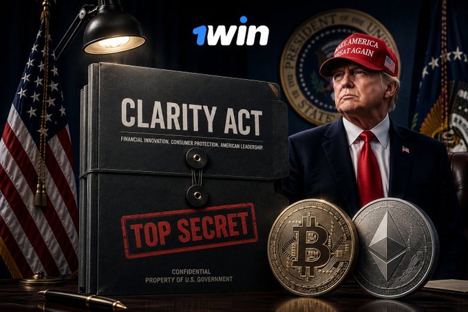 A promotional image featuring Donald Trump in a 'Make America Great Again' cap next to a black folder labeled 'CLARITY ACT' and 'TOP SECRET', alongside Bitcoin and Ethereum coins, with the '1win' logo at the top.