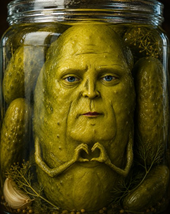 A pickle jar contains a surreal, humanoid pickle face with blue eyes and hands clasped together, surrounded by other pickles, dill, and pickling spices.