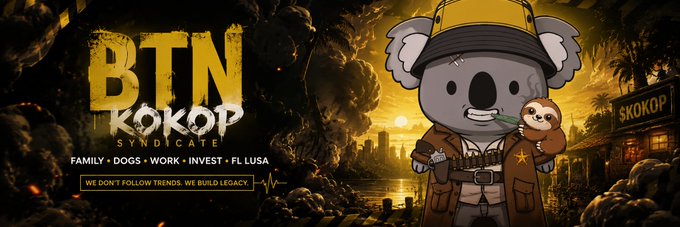 Promotional artwork for 'BTN KOKOP SYNDICATE' featuring a koala character in a sheriff's hat holding a sloth, with the tagline 'FAMILY · DOGS · WORK · INVEST · FT LUSA' and 'WE DON'T FOLLOW TRENDS. WE BUILD LEGACY.'