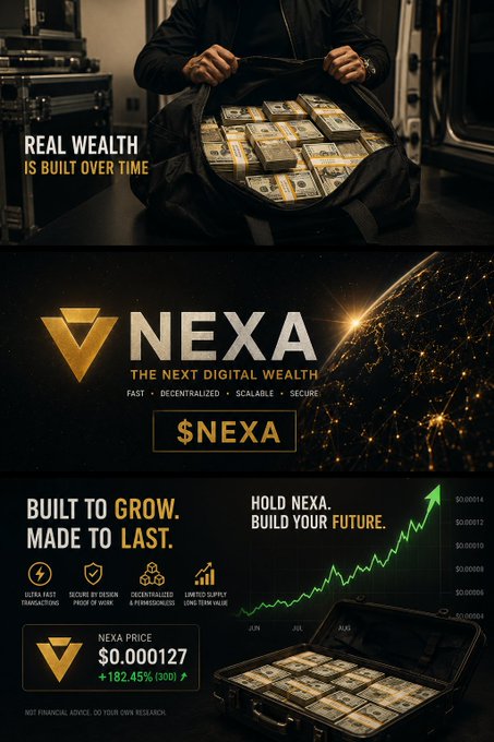 A promotional graphic for the cryptocurrency '$NEXA' (NEXA - The Next Digital Wealth), featuring imagery of cash in a briefcase, the price at $0.000127 with a +182.45% increase, and slogans like 'Real Wealth Is Built Over Time' and 'Hold NEXA. Build Your Future.'