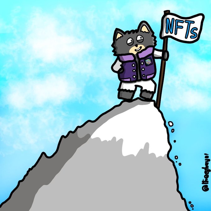 A cartoon illustration of a husky dog character wearing a purple vest, standing on a snowy mountain peak holding a flag that reads 'NFTs' against a blue sky background, signed '@theegyner'.
