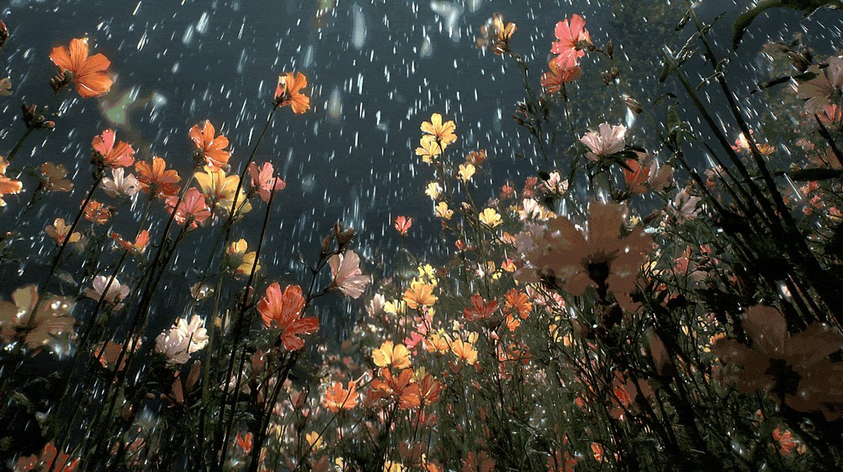 A painting of flowers with rain falling over them.
