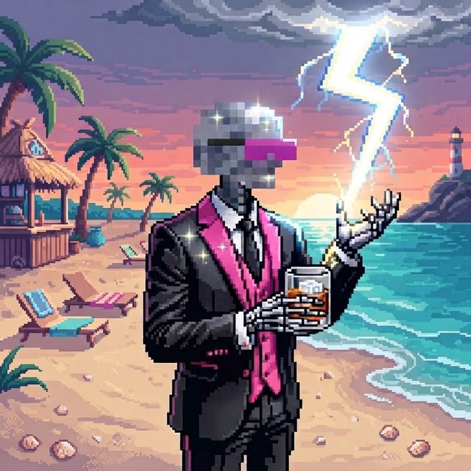 Pixel art illustration of a skeleton wearing a black suit and pink vest on a beach, holding a glass of whiskey while summoning lightning from its hand.