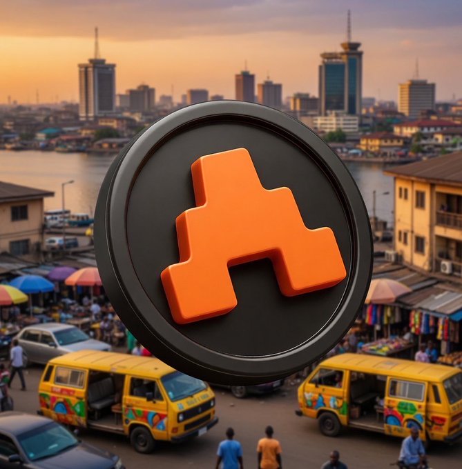 A 3D rendered orange logo floats above a bustling city street scene with yellow minibuses and market stalls.