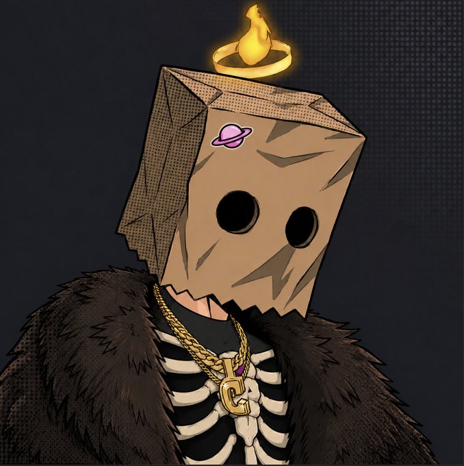 The image features a person wearing a paper bag hat, which appears to be a cardboard cutout or a paper mache mask with a gold chain around their neck. The person's face is partially obscured by the hat, giving them an intriguing appearance. The background of the image is black and white, providing a stark contrast that makes the person in the hat stand out even more. The caption to the image reads: "We're happy to add all @FunkariNft holders to the Phase 1 WL We have spoken with one of the Funkari team members and have received the wallet of all Funkari holders".