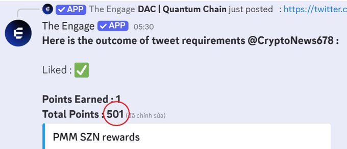 A screenshot showing a tweet interaction completion from "The Engage DAC | Quantum Chain" with "Points Earned: 1" and "Total Points: 501" circled in red.