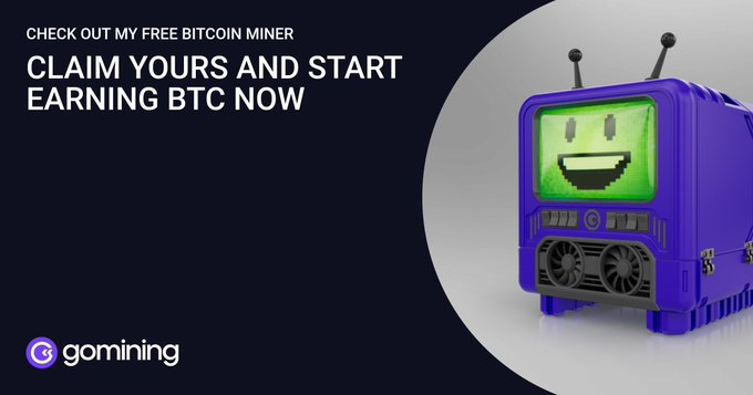 An advertisement for 'gomining' featuring a purple mining rig character with antennae and a pixelated smile, with text reading 'CHECK OUT MY FREE BITCOIN MINER CLAIM YOURS AND START EARNING BTC NOW'.
