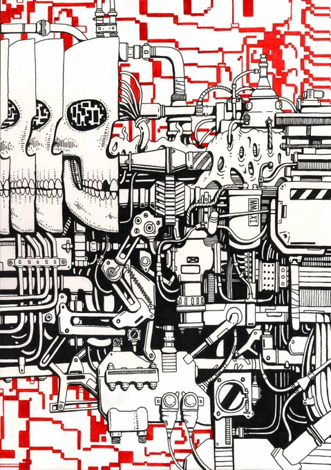 Black and white intricate illustration of mechanical skulls fused with machinery, wires, and pistols, set against a red and white pixelated/maze-like background.