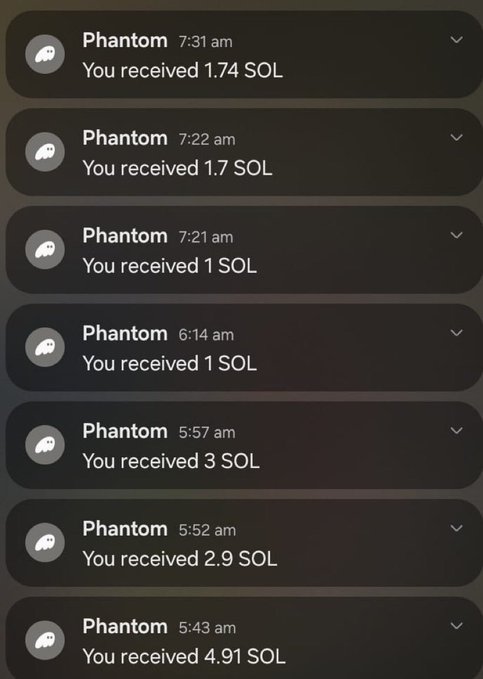 A screenshot of multiple Phantom wallet notifications showing SOL token receipts ranging from 1 to 4.91 SOL, sent between 5:43 am and 7:31 am. The image appears to be used as proof of receiving an $SOL airdrop, allegedly from @Abhayaitech, though the variety of amounts and timing suggests these may be unrelated transactions presented to promote a fake airdrop giveaway.