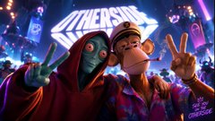 Illustration of two anthropomorphic monkey characters in colorful jackets making peace signs, with 'OTHERSIDE' text in the background.