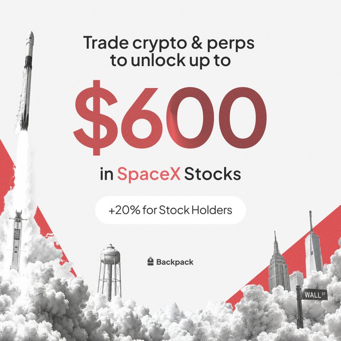 The image shows a banner with text related to a trading opportunity for cryptocurrency. The words "Trade crypto & perps." are displayed, along with instructions for joining the program. The post suggests that people can earn up to $600 in cryptocurrency from investing in SpaceX stock options or shares. The catch is that there's an additional 20% off if they choose to hold onto their stocks within a specific timeframe. The image also features buildings and a rocket launch, which could be related to the technology or innovation behind the cryptocurrency space.
