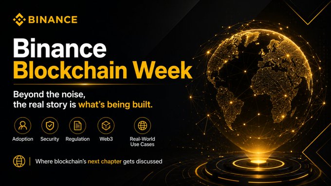 A promotional banner for 'Binance Blockchain Week' featuring a stylized, glowing golden globe network. Icons along the bottom highlight topics: 'Adoption', 'Security', 'Regulation', 'Web3', and 'Real-World Use Cases'.