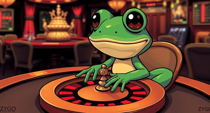 A cartoon green frog with large eyes sitting at a casino roulette table in a richly decorated room, with "ZYGO" text visible in the bottom corners.