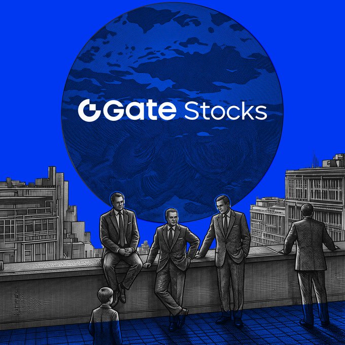 Four businessmen in suits gather on a rooftop overlooking a city skyline, with a large blue globe behind them displaying the "GGate Stocks" logo, visually reinforcing the post's message of expanding from crypto into global stock trading.