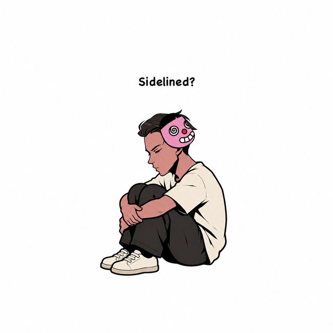 An illustrated young man sits hunched on the ground with knees drawn up, wearing a smiley mask pushed to the side of his head, beneath the word "Sidelined?" — visually capturing the post's theme of crypto users being dismissed as "sidelined" or "NGMI" while louder voices are just farming attention for low-cap pumps.