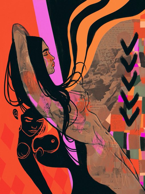 An artistic mixed-media collage featuring stylized female figures in profile with flowing hair, set against a vibrant orange and pink background with collage elements.