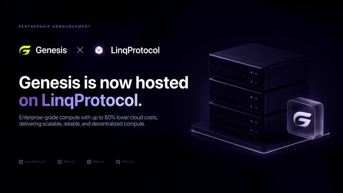 Partnership announcement graphic stating 'Genesis is now hosted on LingProtocol,' promoting enterprise-grade compute with up to 80% lower cloud costs.