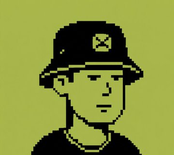A pixelated illustration of a man wearing a cap with an 'X' logo against a yellow-green background.