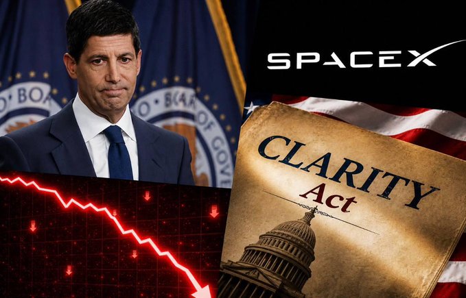 This image highlights potential market volatility with references to the Clarity Act, SpaceX, and a downward trending graph, relating to upcoming financial events.