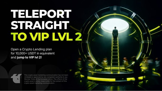 A crypto promotional graphic reads 'TELEPORT STRAIGHT TO VIP LVL 2' encouraging users to open a Crypto Lending plan for 10,000+ USDT equivalent to jump to VIP lvl 2, with disclaimer about EU regulatory compliance.