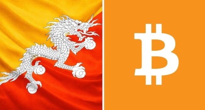 The flag of Bhutan alongside an orange panel displaying the white Bitcoin (₿) logo.