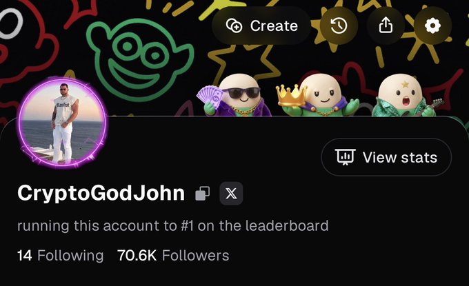 The image shows a social media profile for "CryptoGodJohn" with 70.6K followers, featuring a tropical-outfit avatar and novelty emoji-style cover art, celebrating reaching 70k followers on the Pumpfun app and praising its new layout.